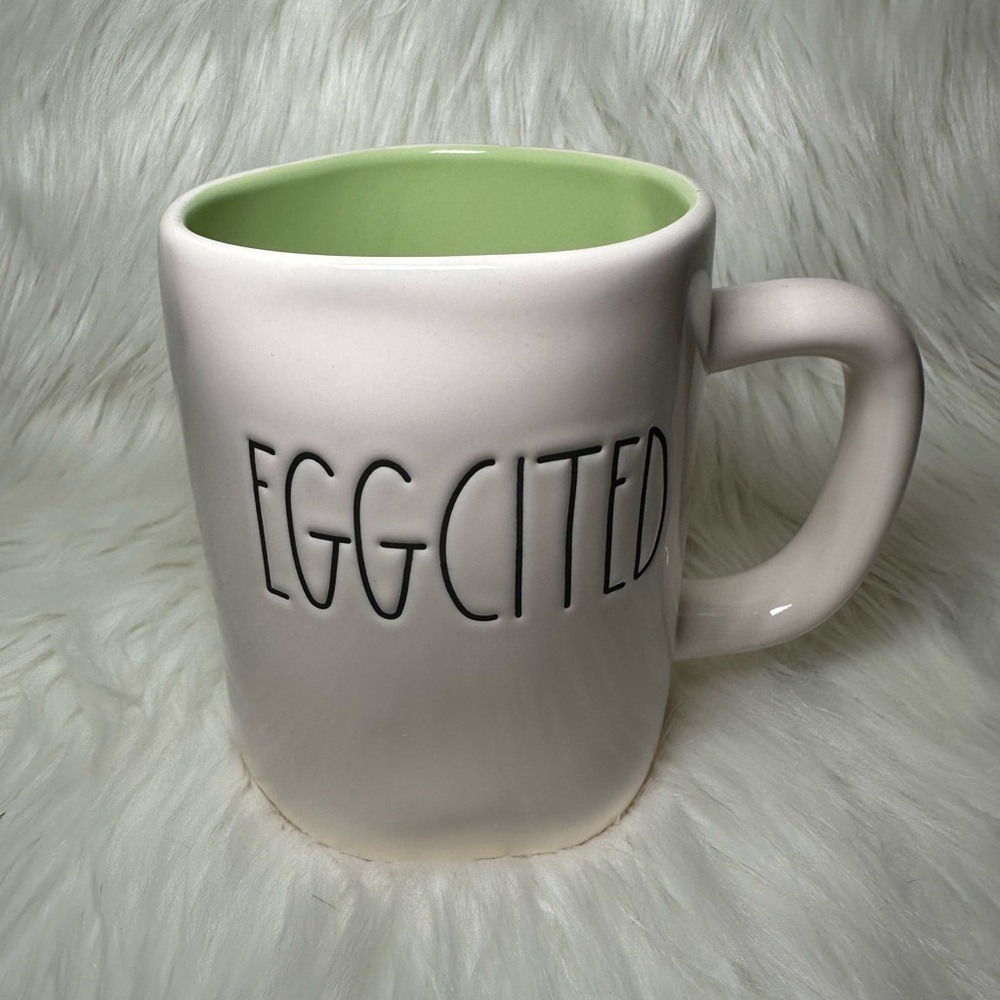 Rae Dunn Eggcited White and Green Mug